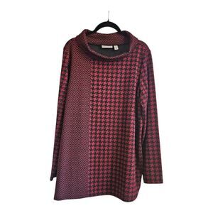 Susan Graver Womens L Top Houndstooth Cowl Neck L/S Stretch Black Maroon